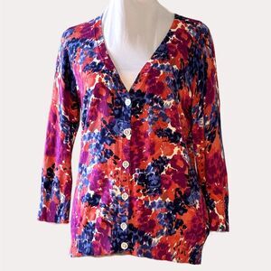 Talbots Cardigan Sweater Abstract Print V-Neck Button Front Blue Orange S bv